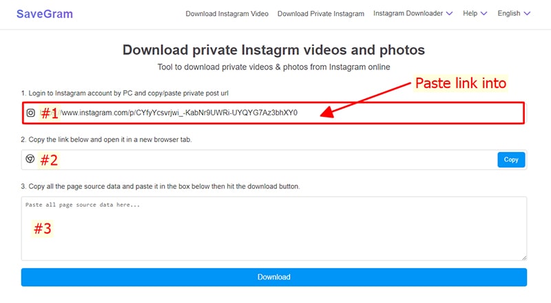 Paste the Instagram link into Savegram