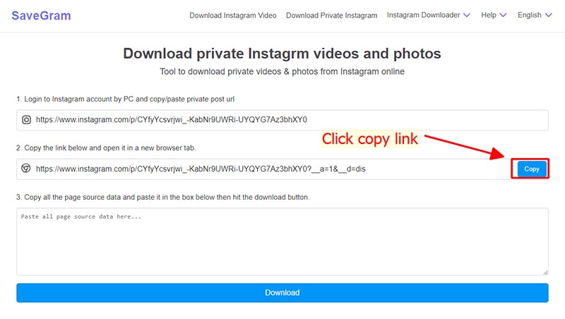 Copy the link created on Savegram