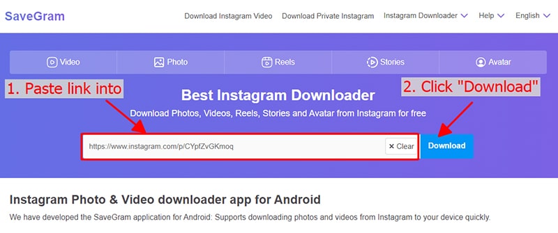 Paste the Instagram post link into SaveGram